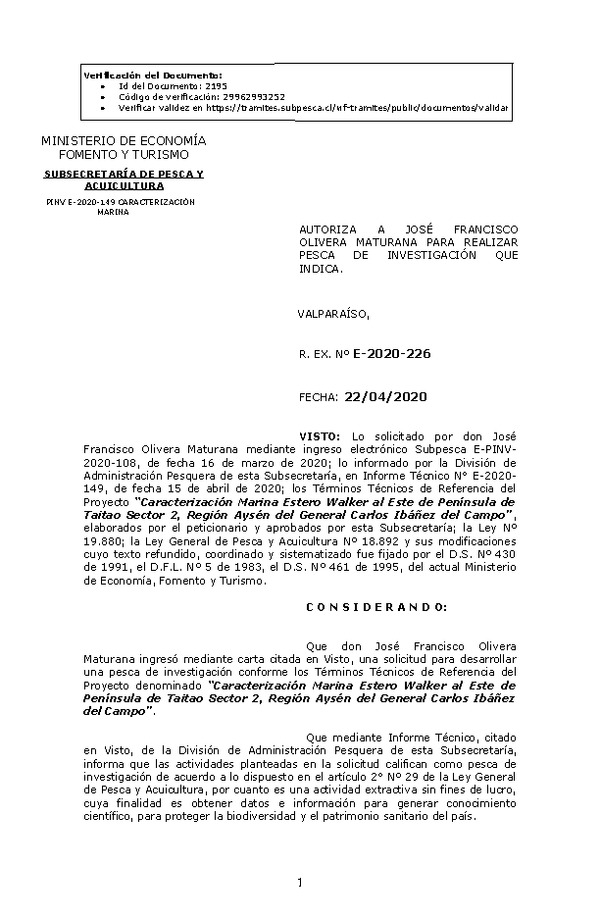 R. EX. Nº E-2020-226 Caracterización Marina Estero Walker al Este de Península de Taitao Sector 2, Región Aysén del General Carlos Ibáñez del Campo. (Publicado en Página Web 23-04-2020)