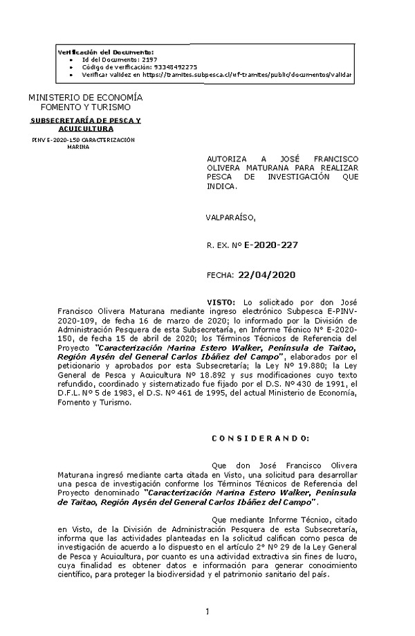 R. EX. Nº E-2020-227 Caracterización Marina Estero Walker, Península de Taitao, Región Aysén del General Carlos Ibáñez del Campo. (Publicado en Página Web 23-04-2020)