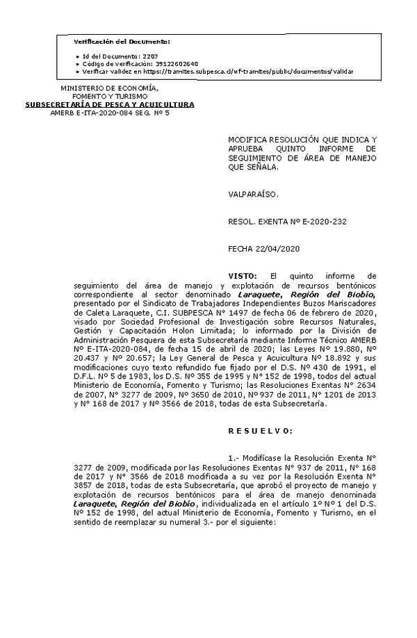 R. EX. Nº E-2020-232 Modifica Resolución que Indica. Aprueba 5° Seguimiento. (Publicado en Página Web 23-04-2020)