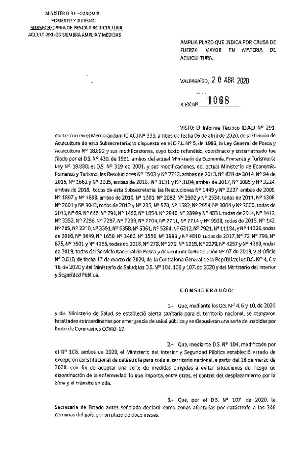 Res. Ex. N° 1068-2020 Amplía Plazo que Indica por Causa de Fuerza Mayor en Materia de Acuicultura. (Publicado en Página Web 23-04-2020)