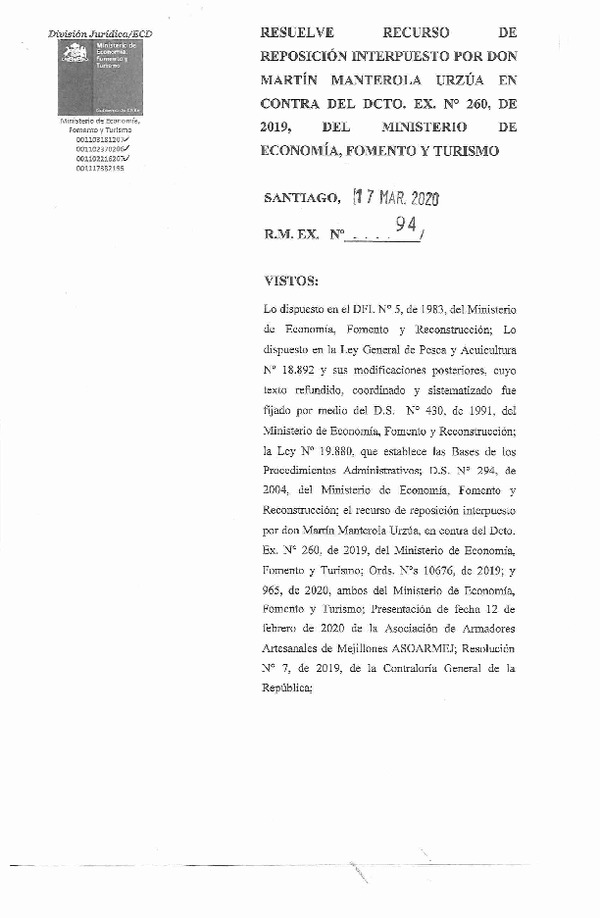 R.M EX. N° 94-2020 Resuelve Recurso de Reposición en Contra del Dec. Ex. N° 260-2019. (Publicado en Página Web 23-04-2020)