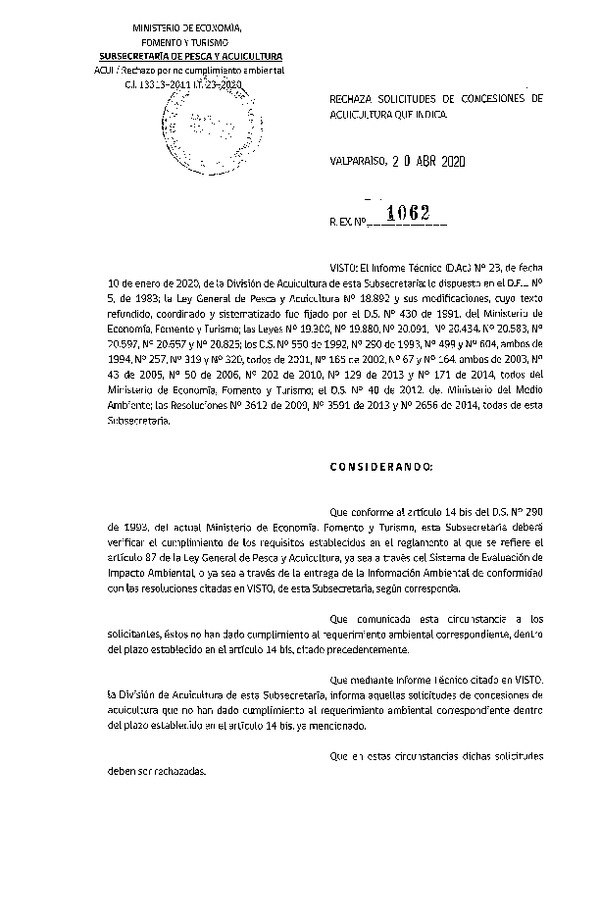 Res. Ex. N° 1062-2020 Rechaza solicitudes de concesiones de acuicultura que indica.