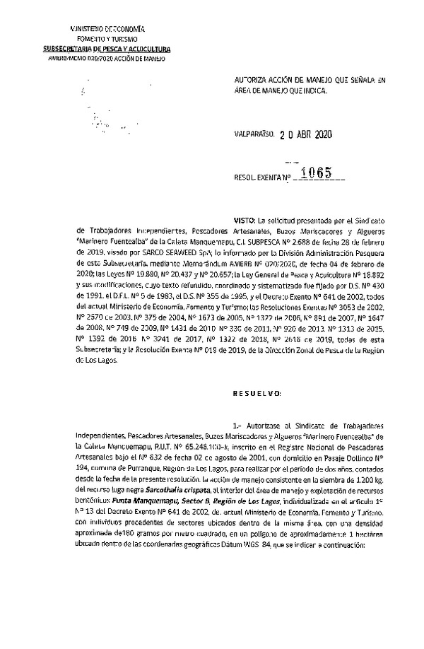 Res. Ex. N° 1065-2020 Acción de Manejo. (Publicado en Página Web 23-04-2020)