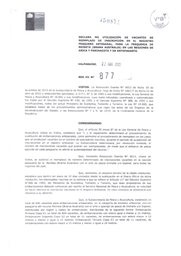 Res. Ex. N° 877-2020 (Sernapesca) Declara no utilización de vacantes de reemplazo de inscripción en el Registro Pesquero Artesanal, para la Pesquería de Reineta, Región de Arica y Parinacota y de Antofagasta. (Publicado en Página Web 23-04-2020)