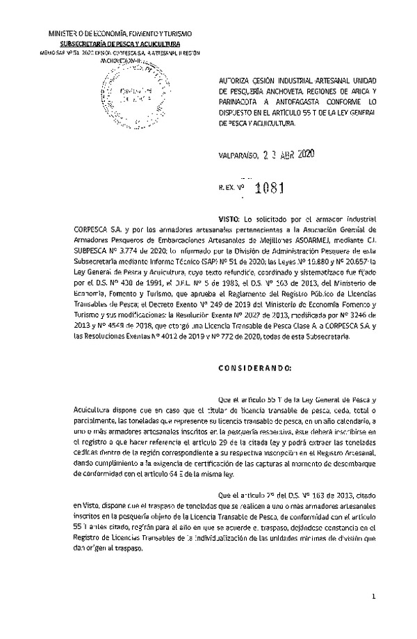 Res. Ex. N° 1081-2020 Autoriza cesión pesquería Anchoveta, Regiones de Arica y Parinacota a Antofagasta. (Publicado en Página Web 23-04-2020)