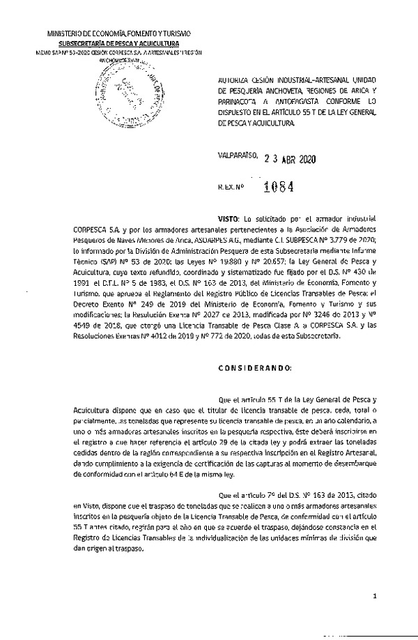 Res. Ex. N° 1084-2020 Autoriza cesión pesquería Anchoveta, Regiones de Arica y Parinacota a Antofagasta. (Publicado en Página Web 23-04-2020)
