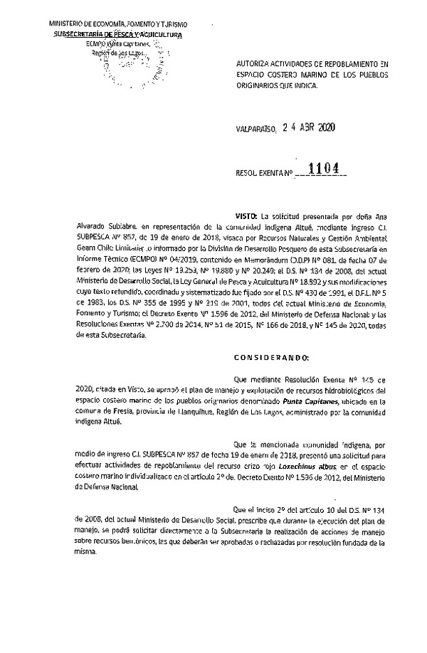 Res. Ex. N° 1104-2020 Autoriza actividades de repoblamiento ECMPO que indica. (Publicado en Página Web 27-04-2020)