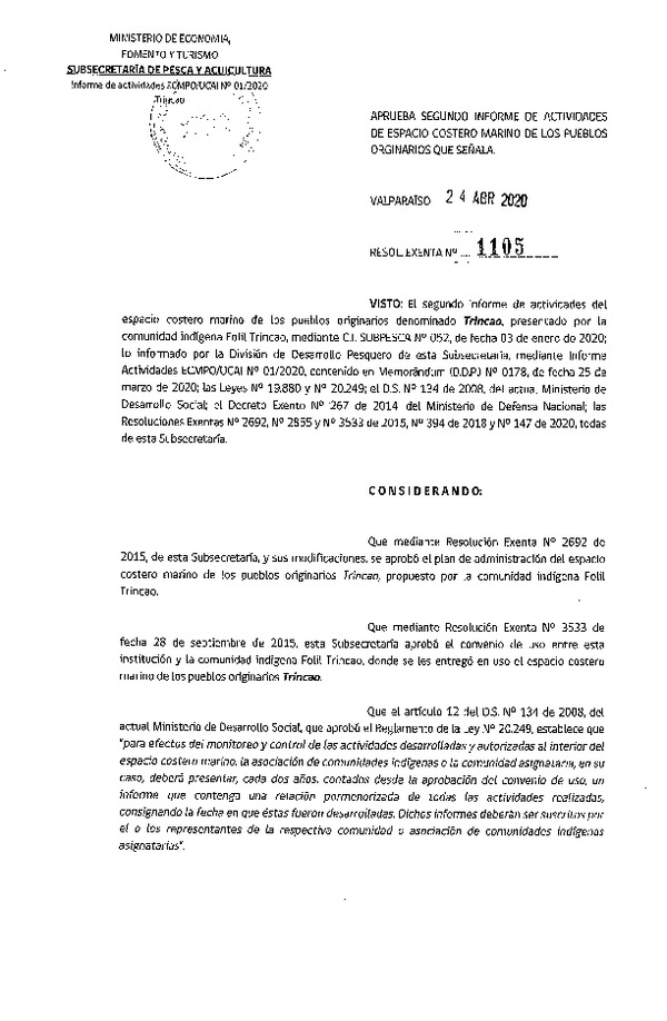 Res. Ex. N° 1105-2020 Aprueba segundo informe de actividades de ECMPO que indica. (Publicado en Página Web 27-04-2020)