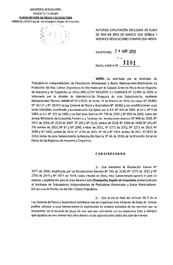 Res. Ex. N° 1101-2020 Autoriza explotación de Exclusiva en Playa de mar. (Publicado en Página Web 28-04-2020)
