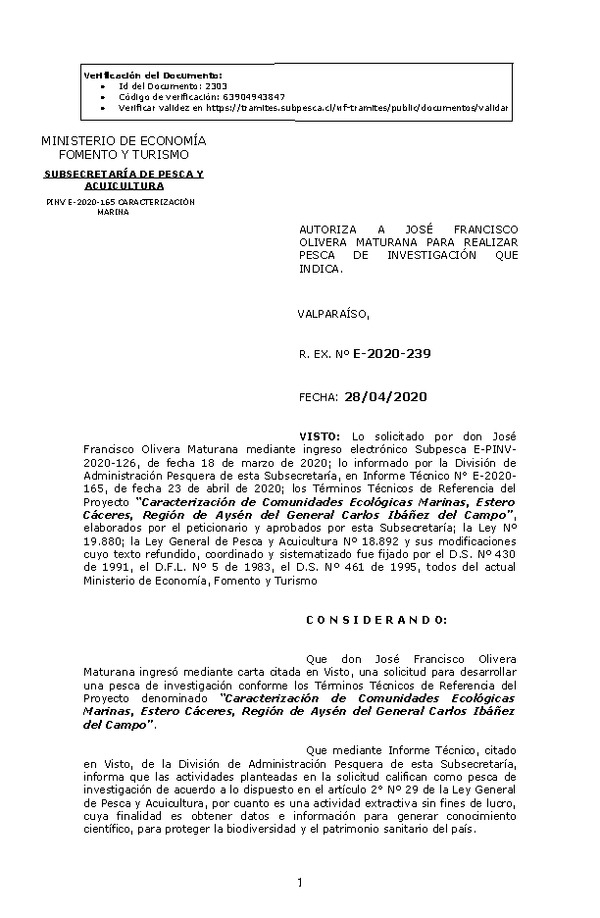 R. EX. Nº E-2020-239 Caracterización de Comunidades Ecológicas Marinas, Estero Cáceres, Región de Aysén del General Carlos Ibáñez del Campo. (Publicado en Página Web 28-04-2020)