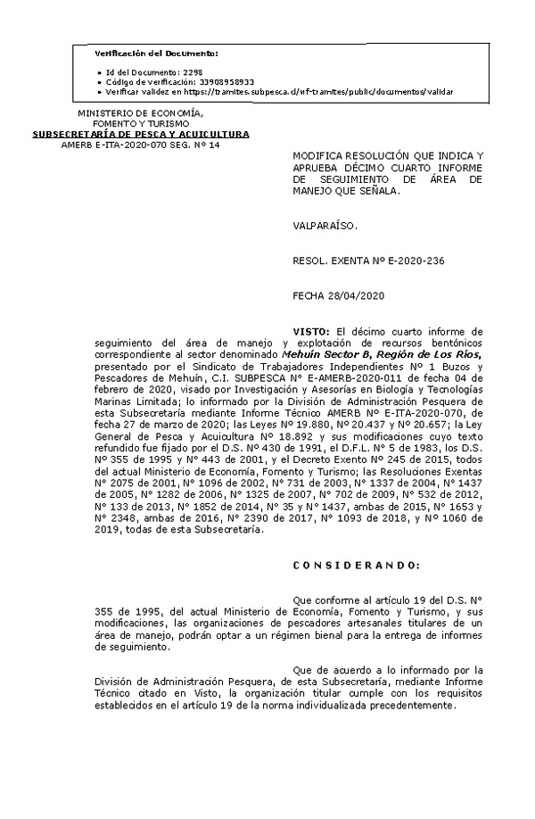 RESOL. EXENTA Nº E-2020-236 Modifica Resolución que Indica. Aprueba 14° Seguimiento. (Publicado en Página Web 28-04-2020)