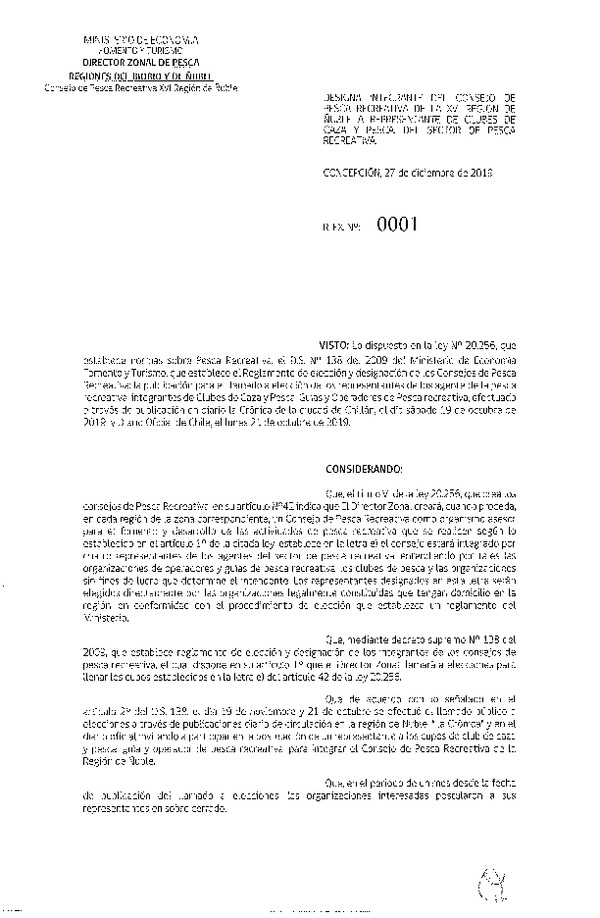 Res. Ex. N° 01-2019 (DZPA/ BIOBIO-ÑUBLE) Designa integrante del Consejo de Pesca Recreativa de la Región Ñuble a Representante de Clubes de Casa y Pesca, del Sector de Pesca Recreativa. (Publicado en Página Web 28-04-2020)