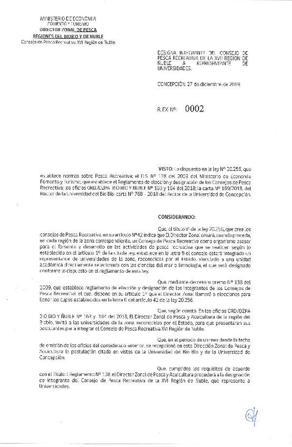 Res. Ex. N° 02-2019 (DZPA/ BIOBIO-ÑUBLE) Designa integrante del Consejo de Pesca Recreativa de la Región Ñuble a Representante de Universidades. (Publicado en Página Web 28-04-2020)