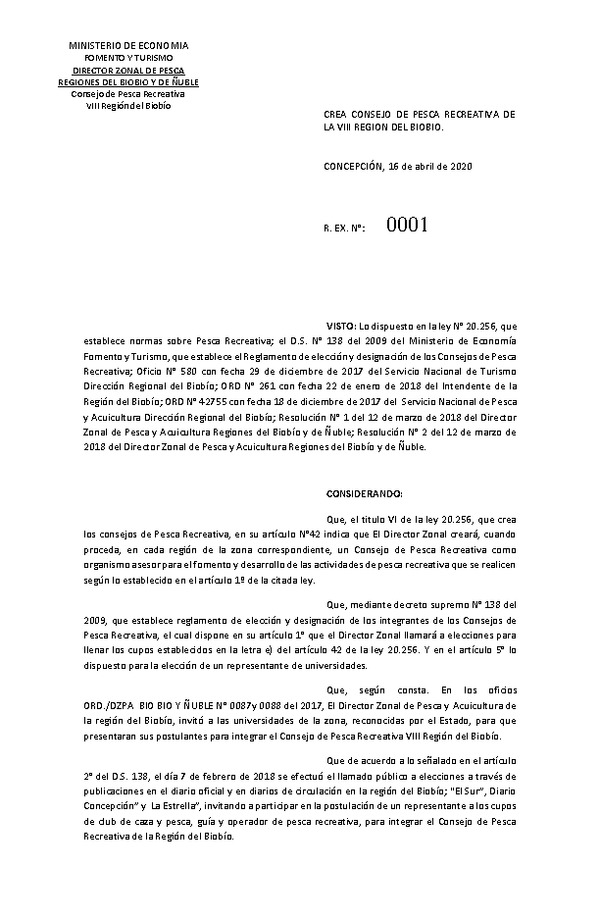 Res. Ex. N° 01-2020 (DZPA/ BIOBIO-ÑUBLE) Crea Consejo de Pesca Recreativa de la Región del Biobío. (Publicado en Página Web 28-04-2020)