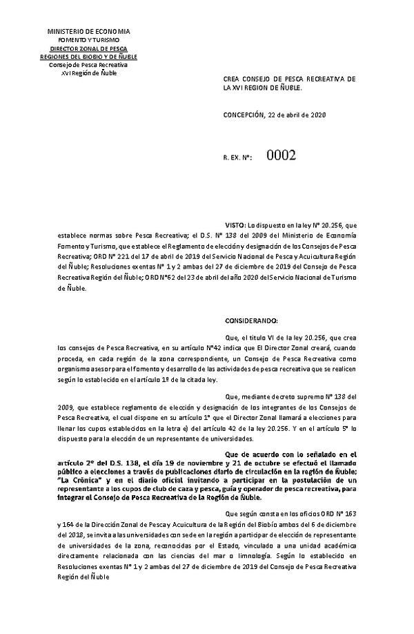 Res. Ex. N° 02-2020 (DZPA/ BIOBIO-ÑUBLE) Crea Consejo de Pesca Recreativa de la Región de Ñuble. (Publicado en Página Web 28-04-2020)