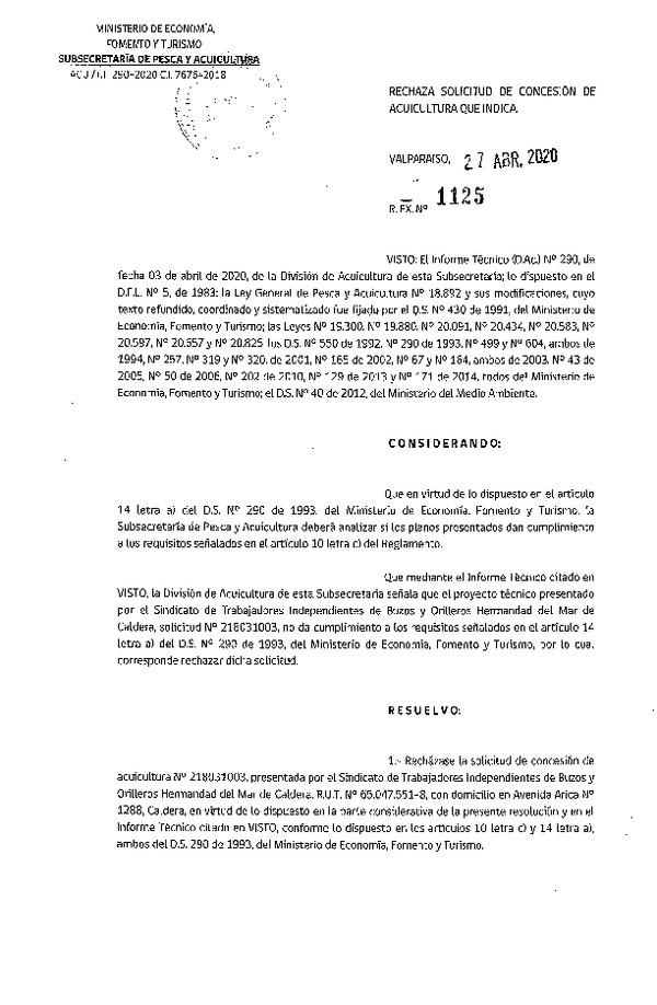 Res. Ex. N° 1125-2020 Rechaza solicitudes de concesiones de acuicultura que indica.