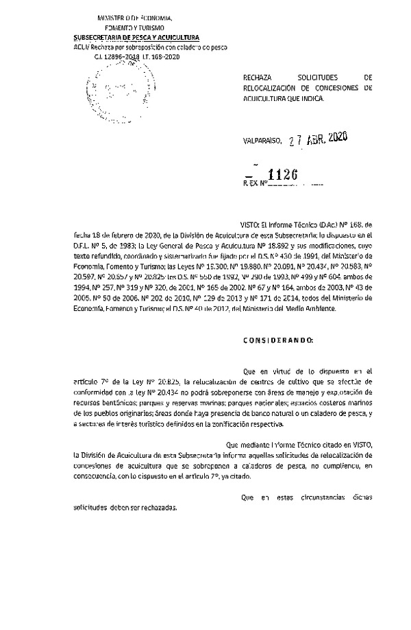 Res. Ex. N° 1126-2020 Rechaza solicitudes de concesiones de acuicultura que indica.