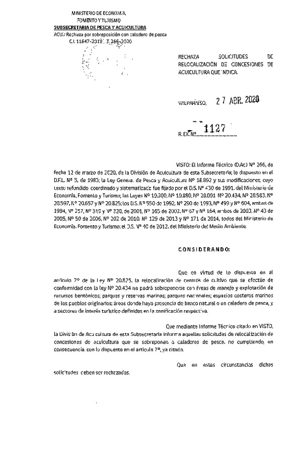 Res. Ex. N° 1127-2020 Rechaza solicitudes de concesiones de acuicultura que indica.