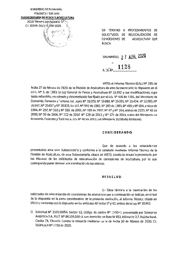 Res. Ex. N° 1128-2020 Da término a procedimientos de solicitudes de relocalización de concesiones de acuicultura que indica.