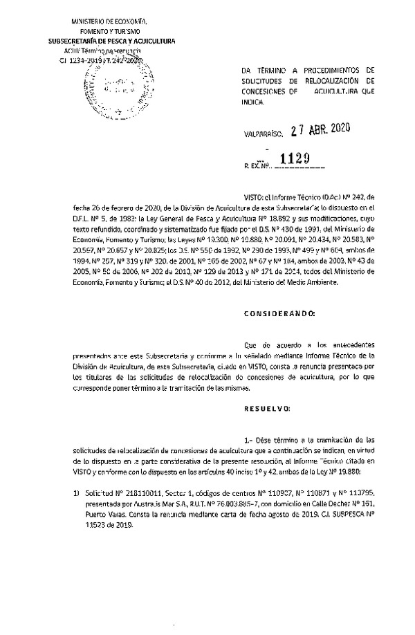 Res. Ex. N° 1129-2020 Da término a procedimientos de solicitudes de relocalización de concesiones de acuicultura que indica.