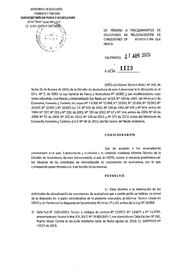 Res. Ex. N° 1129-2020 Da término a procedimientos de solicitudes de relocalización de concesiones de acuicultura que indica.