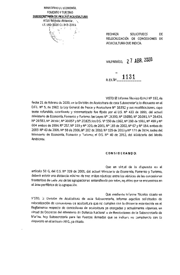 Res. Ex. N° 1131-2020 Rechaza solicitudes de relocalización de concesiones de acuicultura que indica.