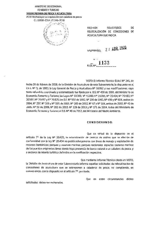 Res. Ex. N° 1133-2020 Rechaza solicitudes de relocalización de concesiones de acuicultura que indica.