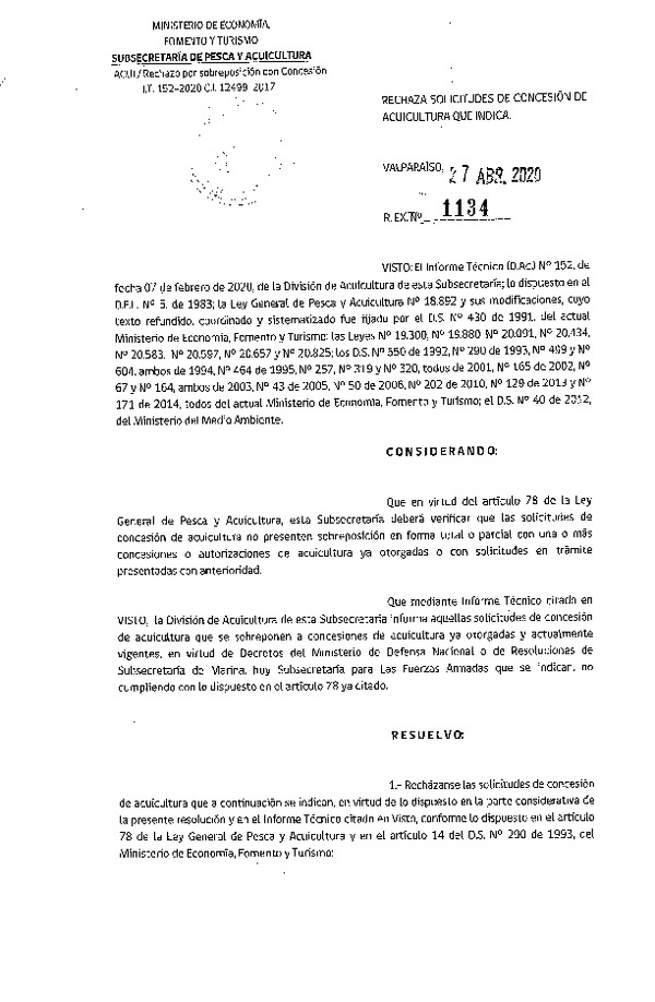 Res. Ex. N° 1134-2020 Rechaza solicitudes de concesión de acuicultura que indica.