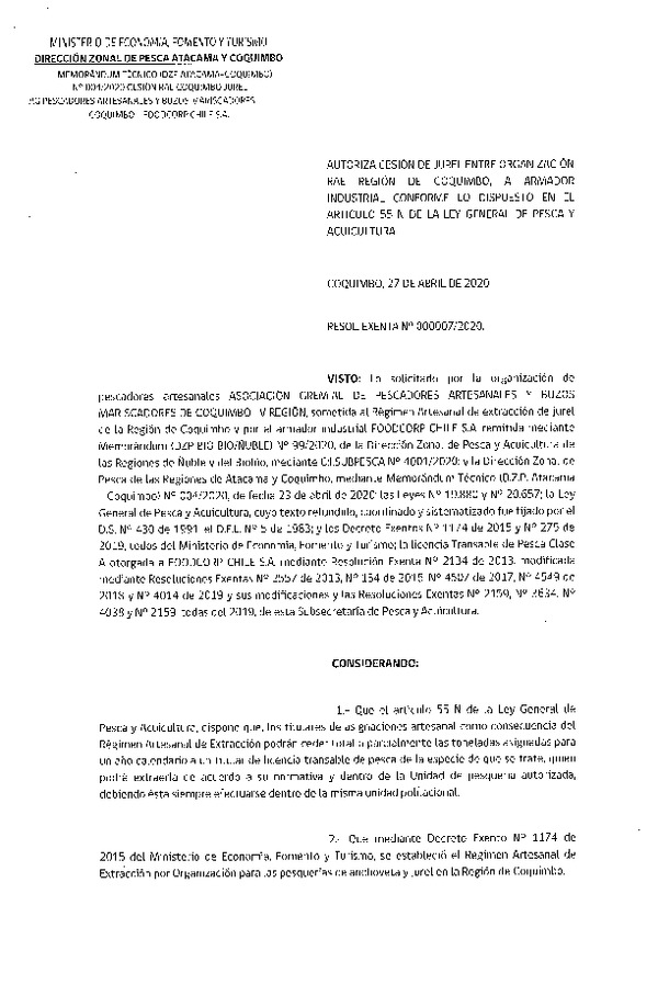 Res. Ex. N° 07-2020 (DZPA Atacama y Coquimbo) Autoriza cesión jurel, Región de Coquimbo. (Publicado en Página Web 28-04-2020)
