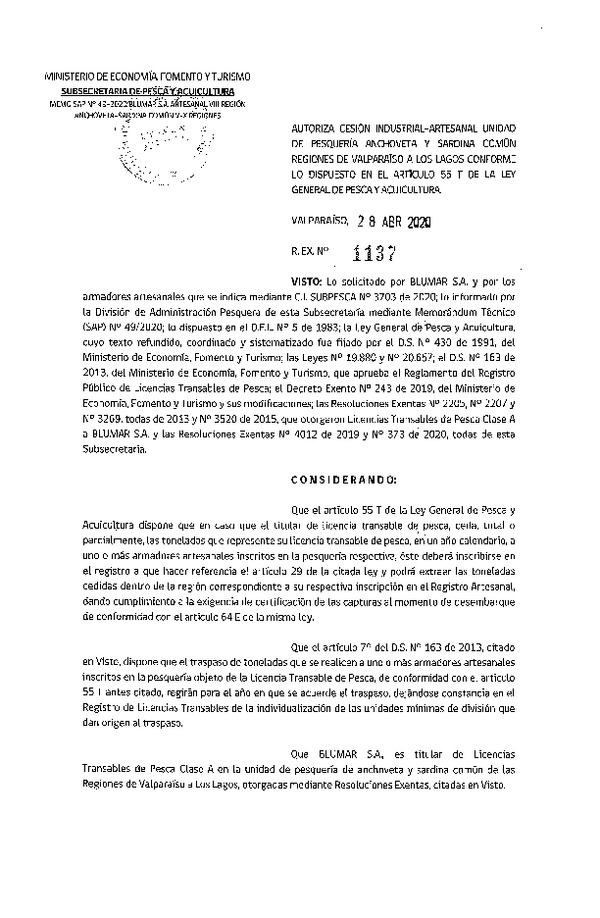 Res. Ex N° 1137-2020, Autoriza Cesión anchoveta y sardina común Regiones Valparaíso-Los Lagos (Publicado en Página Web 30-04-2020).