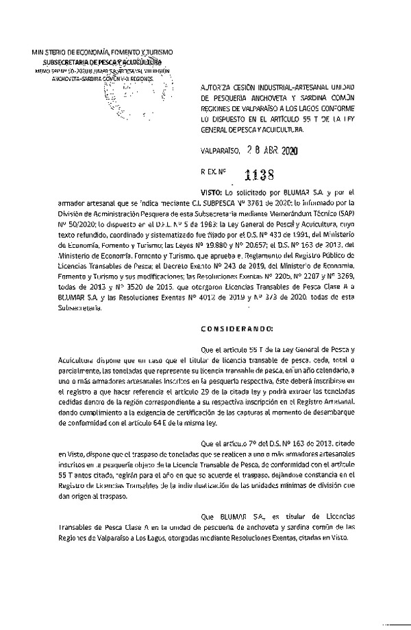 Res. Ex N° 1138-2020, Autoriza Cesión anchoveta y sardina común Regiones Valparaíso-Los Lagos (Publicado en Página Web 30-04-2020).