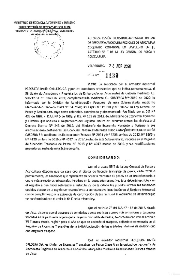 Res. Ex. N° 1139-2020 Autoriza cesión pesquería Anchoveta, Regiones de Atacama a Coquimbo. (Publicado en Página Web 30-04-2020)