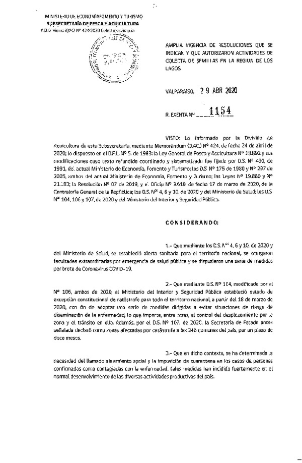 Res. Ex. N° 1154-2020 Amplía Vigencia de Resoluciones que Indican y que Autorizaron Actividades de Colecta de Semillas en la Región de Los Lagos. (Publicado en Página Web 30-04-2020)