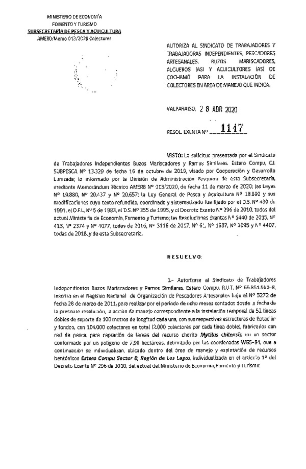 Res. Ex. N° 1147-2020 Instalación de Colectores. (Publicado en Página Web 30-04-2020)