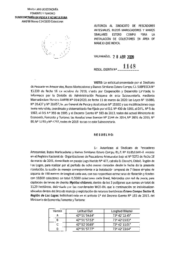 Res. Ex. N° 1148-2020 Instalación de Colectores. (Publicado en Página Web 30-04-2020)