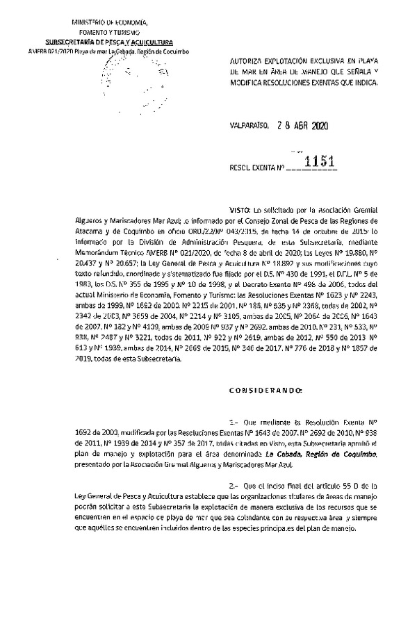 Res. Ex. N° 1151-2020 Autoriza Explotación Exclusiva de Playa. (Publicado en Página Web 30-04-2020)