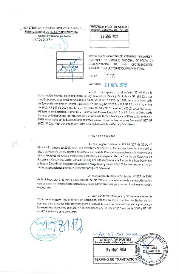 D.S. N° 115-2019 Oficializa Nominación de Miembros Consejo Nacional de Pesca en Representación de las Organizaciones Gremiales del Sector Pesquero Artesanal. (Publicado en Página web 05-05-2020)