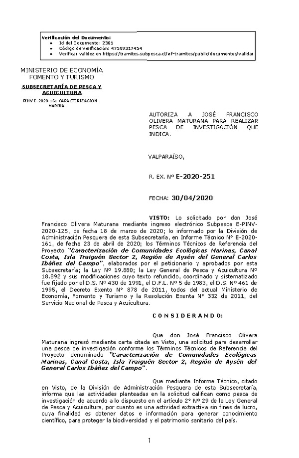 R. EX. Nº E-2020-251 Caracterización de Comunidades Ecológicas Marinas, Canal Costa, Isla Traiguén Sector 2, Región de Aysén del General Carlos Ibáñez del Campo. (Publicado en Página Web 05-05-2020)