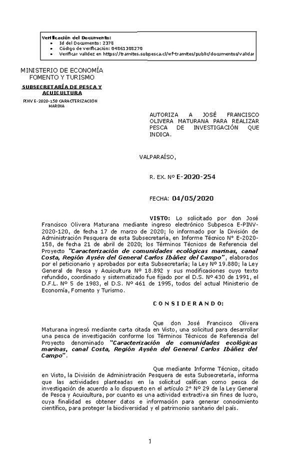 R. EX. Nº E-2020-254 Caracterización de comunidades ecológicas marinas, canal Costa, Región Aysén del General Carlos Ibáñez del Campo. (Publicado en Página Web 05-05-2020)