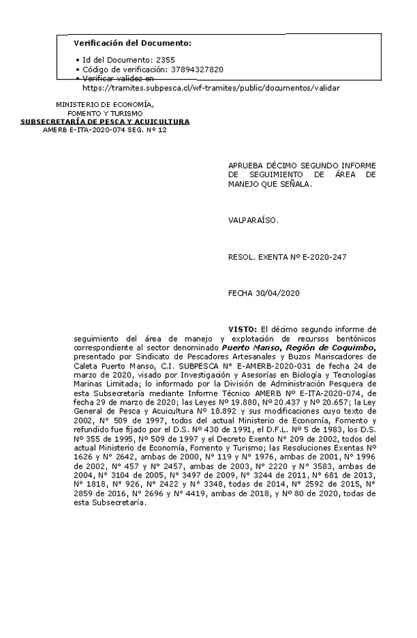 RESOL. EXENTA Nº E-2020-247 12° Seguimiento. (Publicado en Página Web 05-05-2020)