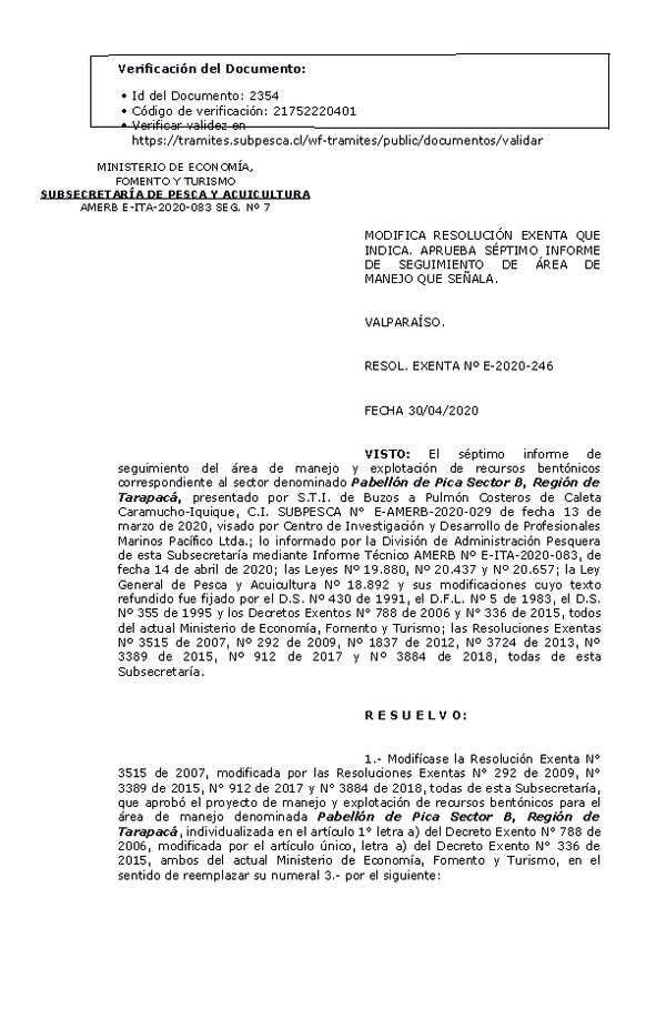 RESOL. EXENTA Nº E-2020-246 Modifica Resolución que Indica. Aprueba 7° Seguimiento. (Publicado en Página Web 05-05-2020)