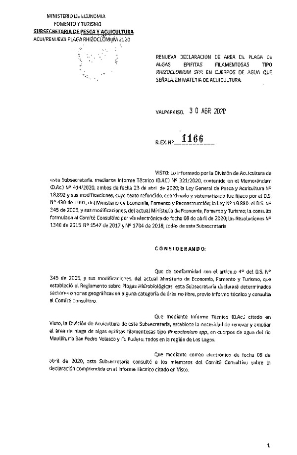 Res. Ex. N° 1166-2020 Renueva Declaración de Área de Plaga de Algas Epifitas Filamentosas Tipo RHIZOCLONIUM SPP. (Publicado en Página Web 05-05-2020)