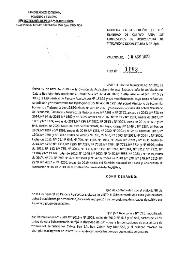 Res. Ex. N° 1168-2020 Modifica Res. Ex. N° 786-2019 Fija Densidad de Cultivo para las Concesiones de Acuicultura de Titularidad de Caleta Bay S.A. (Caleta Bay Mar S.A.) (Con Informe Técnico) (Publicado en Página Web 05-05-2020)