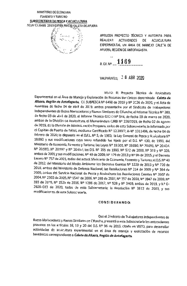 Res. Ex N° 1169-2020 Aprueba proyecto técnico y autoriza para realizar actividades de acuicultura experimental en Área de manejo caleta de Afuera, Región de Antofagasta. Publicado en Página Web 05-05-2020).