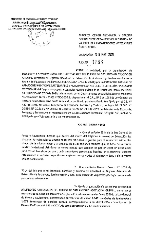 Res. Ex. N° 1188-2020 Autoriza cesión Sardina común y Anchoveta Región de Valparaíso a Región de Ñuble-Biobío. (Publicado en Página Web 05-05-2020)