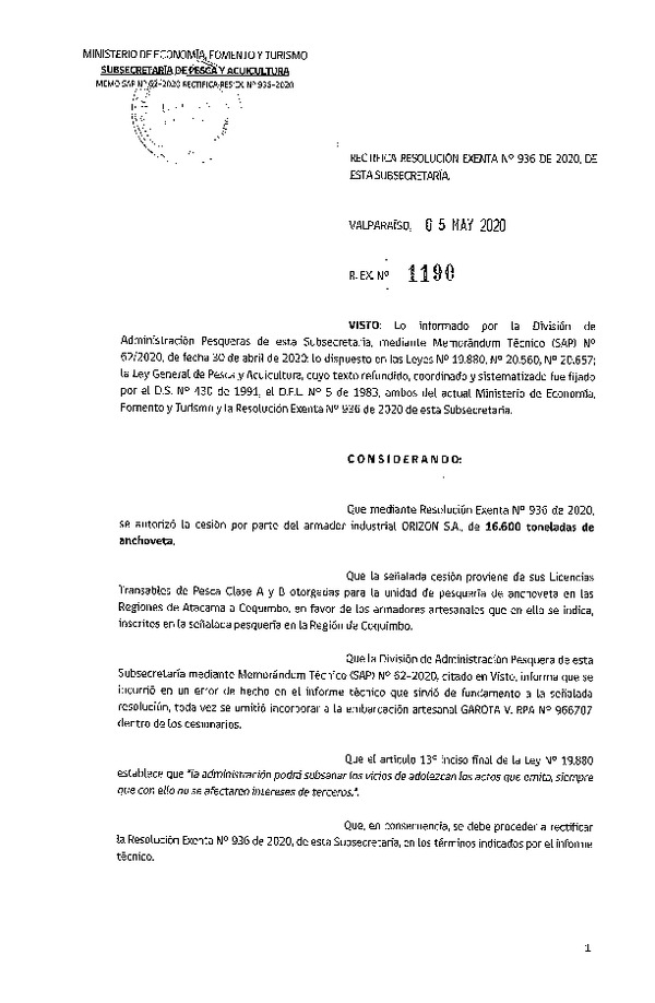 Res. Ex. N° 1190-2020 Rectifica Res. Ex. N° 936-2020. (Publicado en Página Web 05-05-2020)