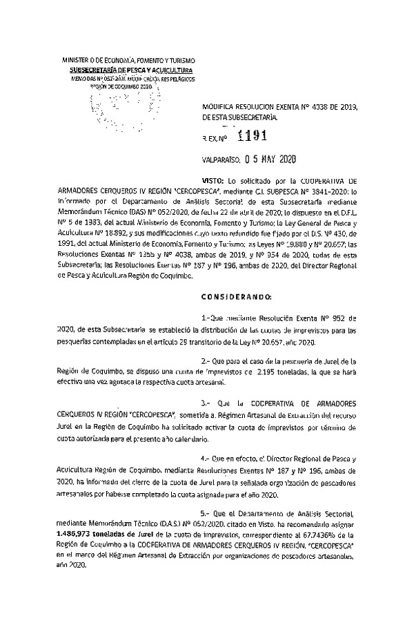 Res. Ex. N° 1191-2020 Modifica Res. Ex. N° 4038-2019 Distribución de la Fracción Artesanal de Pesquería de Anchoveta y Jurel, Región de Coquimbo, Año 2020. (Publicado en Página Web 05-05-2020)