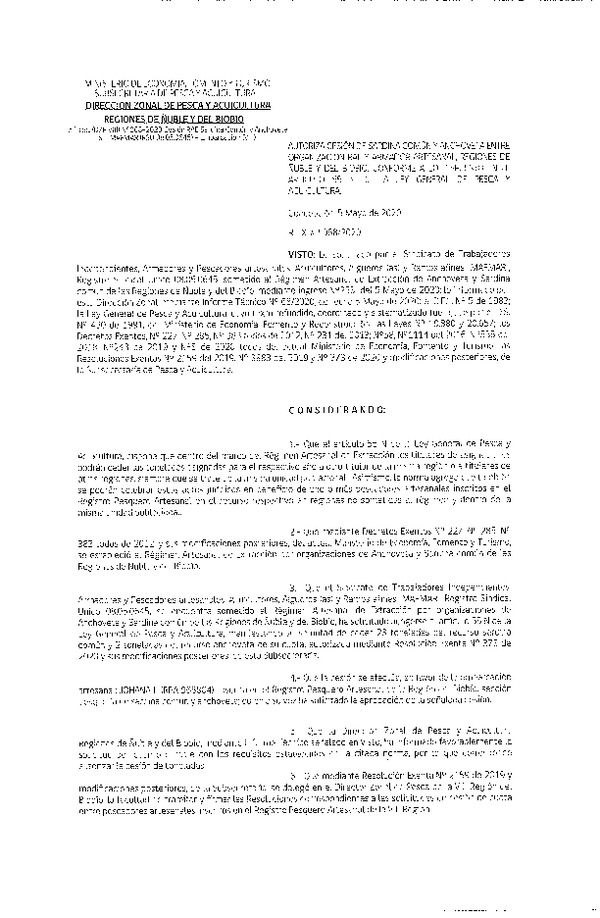 Res Ex N° 0068-2020, (DZP VIII), Autoriza cesión Sardina Común y Anchoveta Región de Ñuble-Biobío (Publicado en Página Web 05-05-2020)