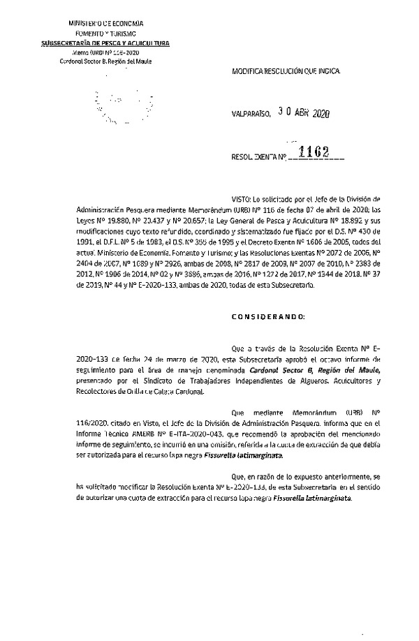 Res Ex N° 1162-2020 Modifica Resolución que Indica. (Publicado en Página Web 05-05-2020)