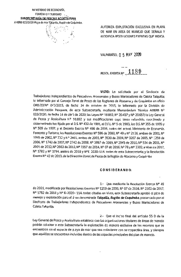 Res Ex N° 1189-2020 Autoriza Explotación Exclusiva en Playa de Mar. (Publicado en Página Web 05-05-2020)